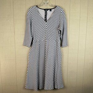 Lands' End Knit Dress Navy White Striped V Neck Fit & Flare Nautical